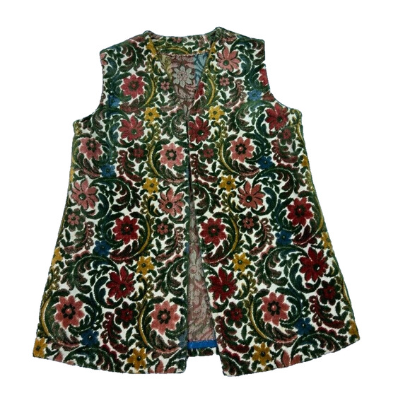 Vintage Vest Waistcoat Womens M/L Green Floral Pattern Tapestry Carpet Cotton - Picture 1 of 6